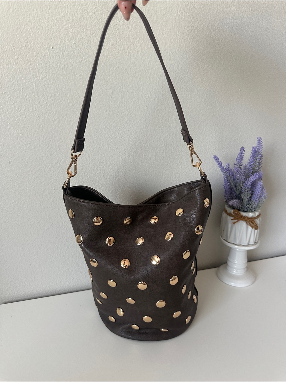 Women's Dark Brown Studded bucket Shoulder Bag